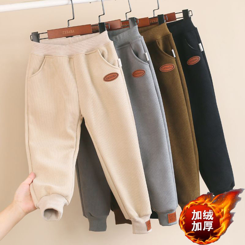 儿童加绒加厚休闲卫裤冬款男女条绒灯芯绒运动长裤中大童外裤