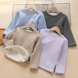 儿童加绒圆领保暖秋衣男女童条纹百搭加厚暖绒打底衫学生内穿T恤