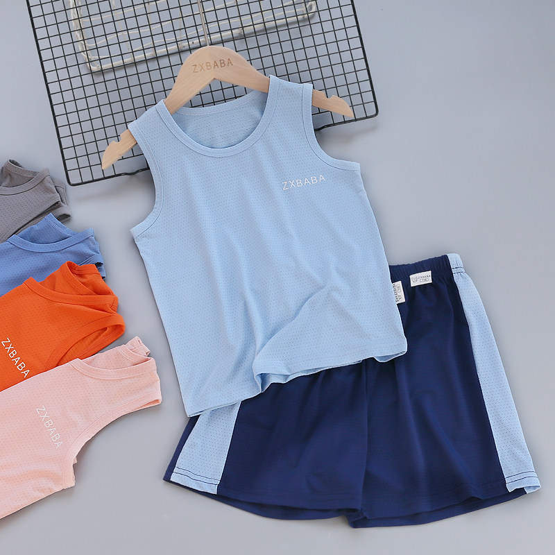儿童冰丝速干网眼背心短裤运动套装夏男女童薄休闲无袖T恤两件套