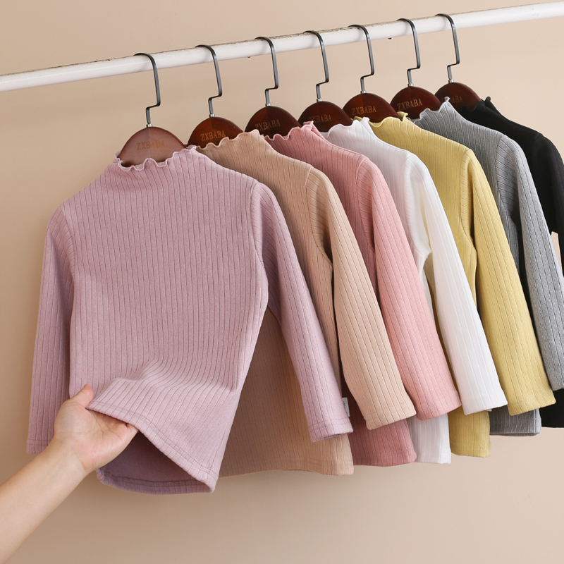 儿童竖条纹木耳边德绒打底衫