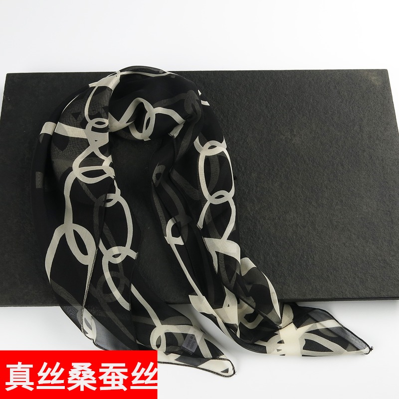 【清仓微瑕】欧美小方巾丝巾系脖黑色春秋夏天链条桑蚕丝真丝围巾