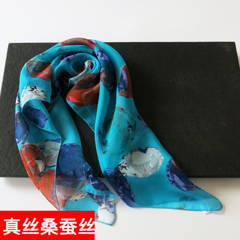 【清仓瑕疵】蓝色小方巾丝巾日系韩系春秋冬季韩国桑蚕丝真丝围巾