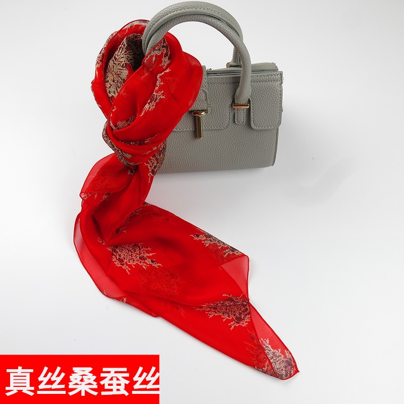 红色女士欧美复古妈妈款丝巾真丝