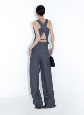 ourhour 交叉露背 深灰色V领西装马甲西裤套装 女夏设计感休闲装