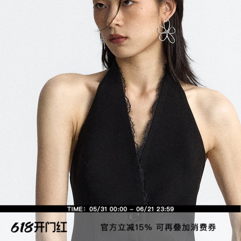 ourhour 知识分子 黑色蕾丝V领挂脖西装马甲 女夏设计感露背上衣