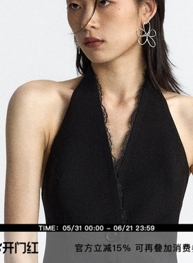 ourhour 知识分子 黑色蕾丝V领挂脖西装马甲 女夏设计感露背上衣