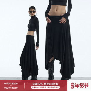 ourhour 流浪风 黑色弹力腰不规则下摆垂感半身裙 女冬设计感a裙