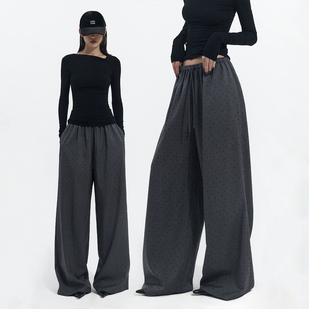 ourhour 摩登氛围感 复古灰红波点松紧腰抽绳阔腿西裤 女冬休闲裤