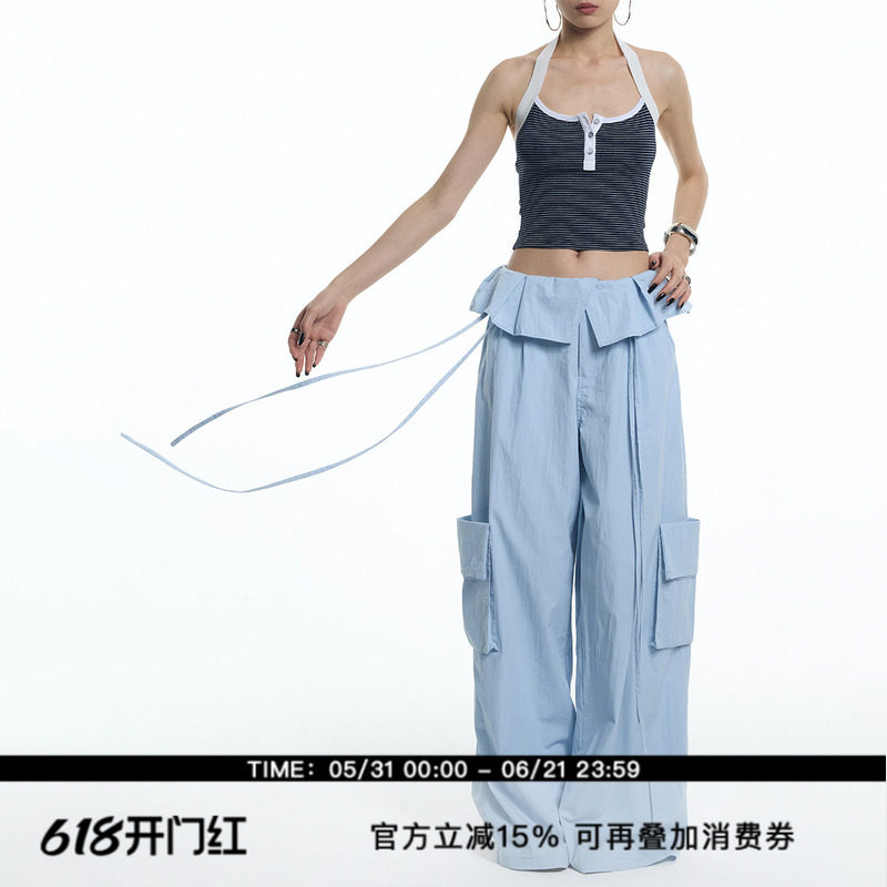 ourhour 荷叶边花苞腰头 冰川蓝飘带大口袋宽松显瘦夏工装阔腿裤