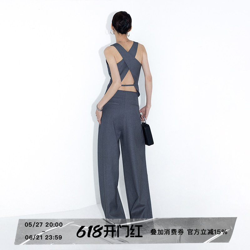 ourhour 交叉露背 深灰色V领西装马甲西裤套装 女夏设计感休闲装