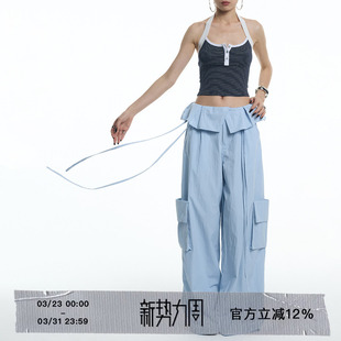 阔腿裤 冰川蓝飘带大口袋宽松显瘦夏工装 荷叶边花苞腰头 ourhour