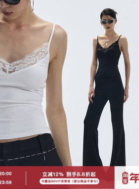 ourhour wan能内搭 黑色白色V领蕾丝花边修身背心 女秋设计感吊带