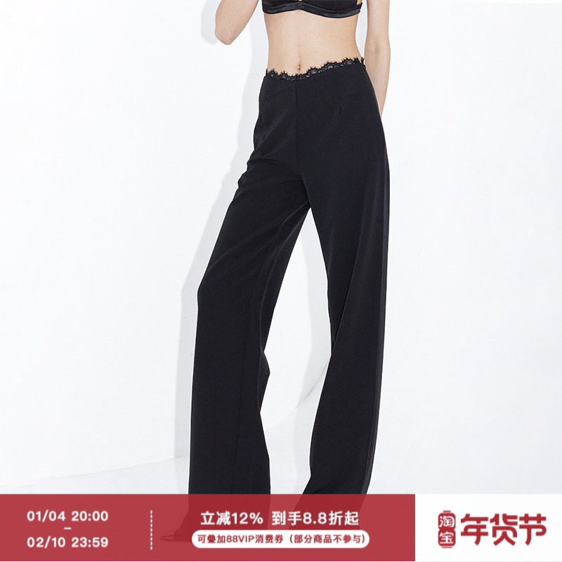 ourhour 蕾丝花边 黑色V腰宽松拖地西装裤 女夏设计感休闲长裤