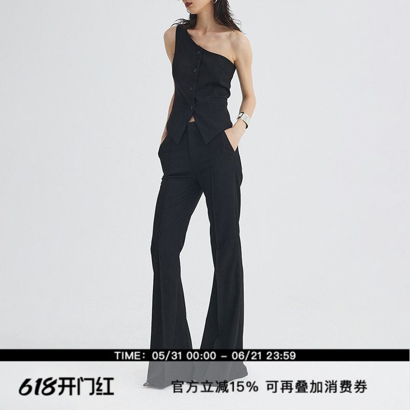 ourhour 亮丝条纹 黑色烫迹线显瘦喇叭西裤 女设计感斜肩马甲套装