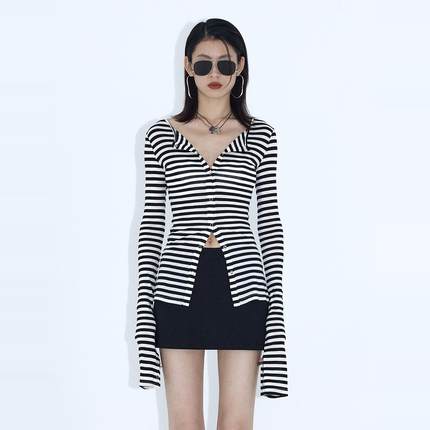 ourhour 袖口开衩 黑白条纹修身莱赛尔长袖开衫 女春设计感薄上衣