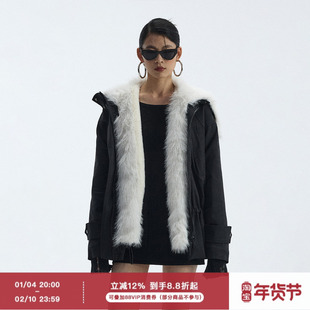 ourhour 一件过冬 黑色可拆毛领内胆两穿可抽绳宽松外套 女冬大衣