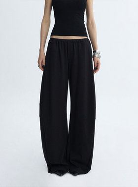 ourhour 裤腿分割拼接 黑色窄松紧腰休闲弯刀卫裤 女秋设计感长裤