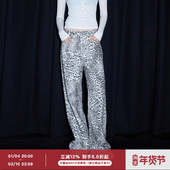 ourhour 女冬设计感裤 豹纹回潮 白色印花中低腰斜纹棉宽松休闲裤