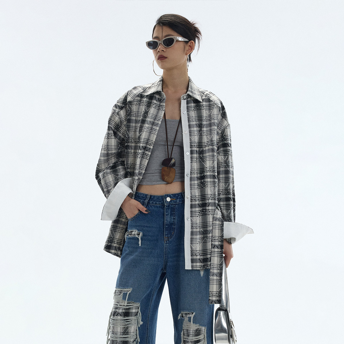 ourhour 黑白格纹 翻领撞白色宽松衬衫外套含腰带 女秋设计感外套