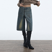 复古做旧蓝 两片式 门襟拉链五分牛仔中裤 ourhour 女秋设计感短裤