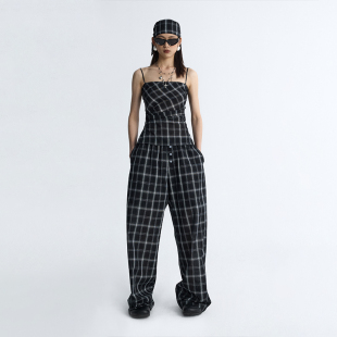 女夏套装 ourhour 门襟纽扣阔腿休闲裤 开衩褶皱打揽吊带 黑白格纹