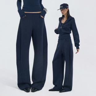 女冬设计感套装 藏蓝色拉链连帽卫衣宽松弯刀裤 松弛chic ourhour
