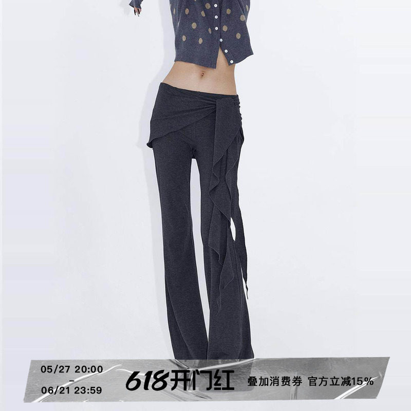 ourhour 假两件拼接 黑色荷叶边系带弹力瑜伽喇叭裤 女设计感裙裤