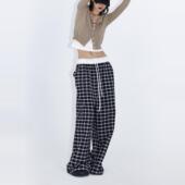 女设计感泡泡棉格子裤 翻边抽绳显瘦宽松阔腿裤 撞色格纹 ourhour