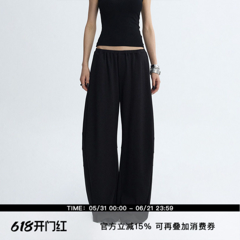 ourhour 裤腿分割拼接 黑色窄松紧腰休闲弯刀卫裤 女秋设计感长裤