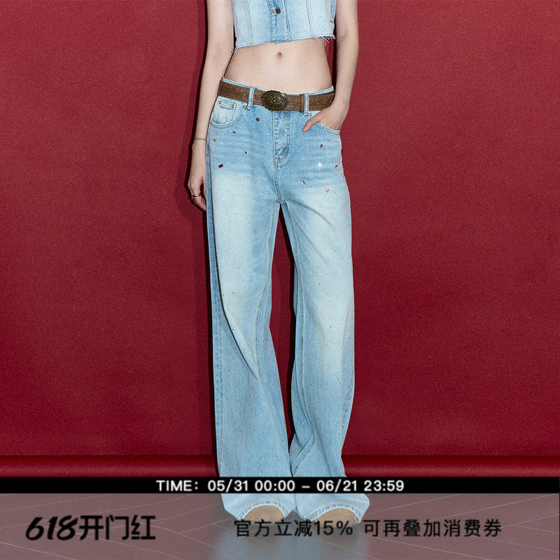 ourhour 满天星亮闪 浅蓝水洗手缝宝石钻宽松牛仔裤 女春设计感裤