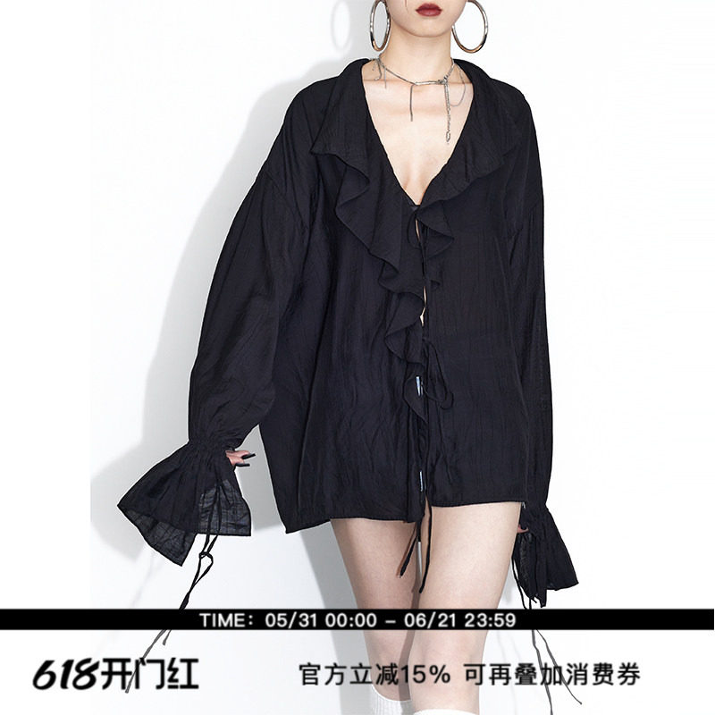 ourhour 大荷叶边V领袖口系带 黑色宽松轻薄衬衫 女春设计感衬衫