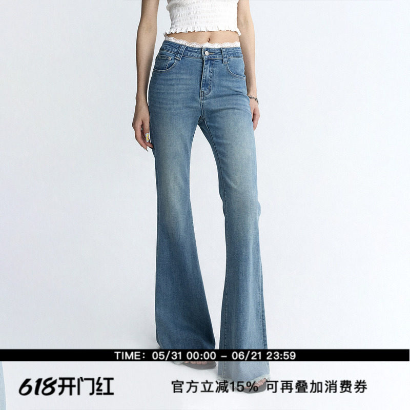 ourhour 蕾丝花边 水洗蓝高腰修身喇叭牛仔裤 女夏设计感显瘦长裤