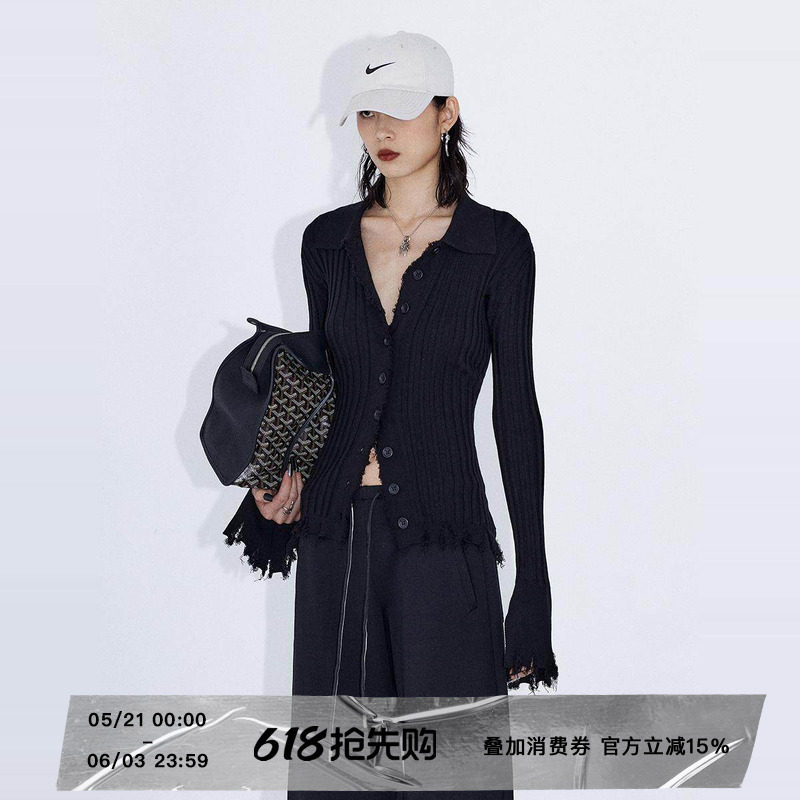 ourhour 坑条修身 黑色polo领喇叭袖破口毛边开衫 女设计感针织衫