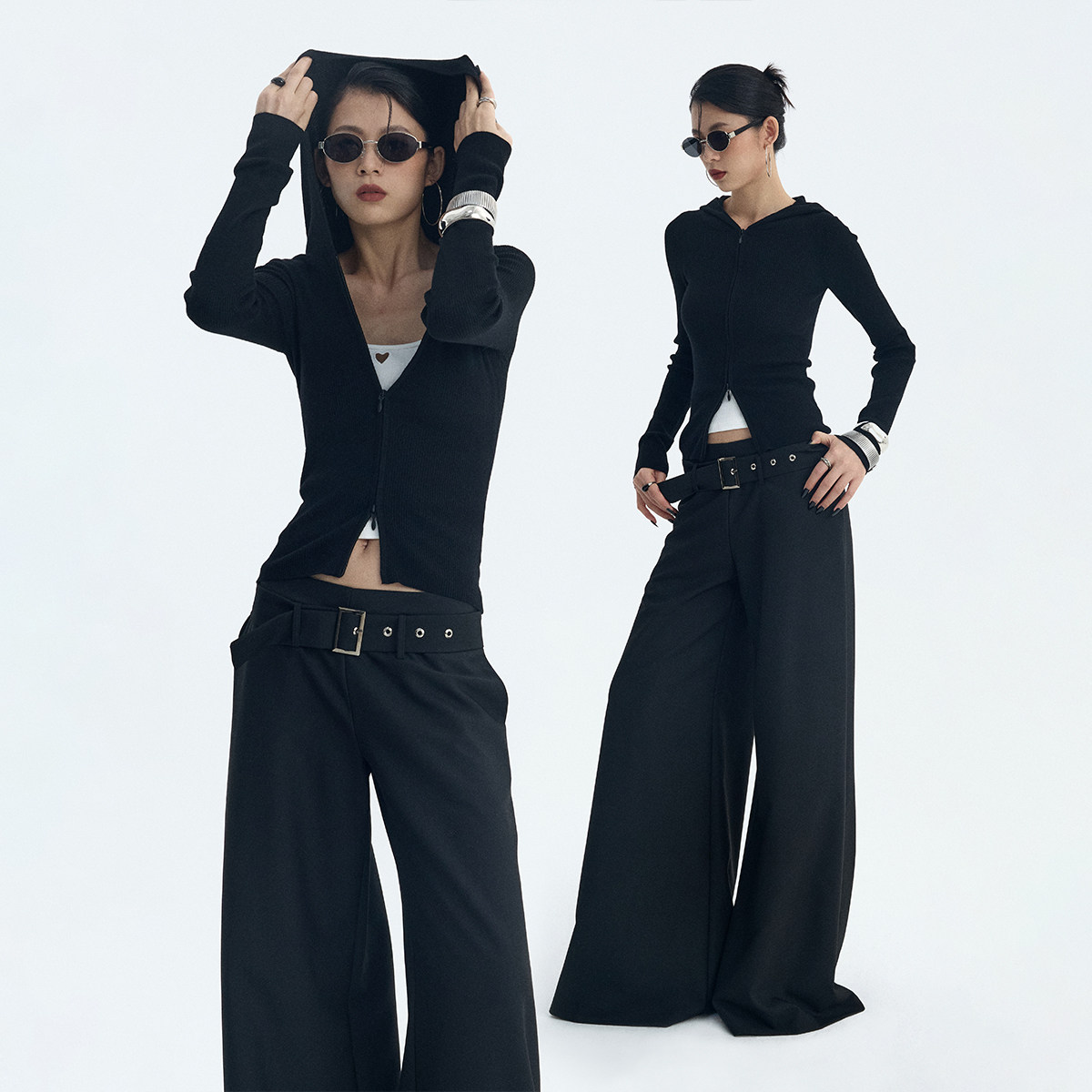 ourhour 羊毛混纺 黑色双头拉链修身连帽针织开衫 女冬设计感外套