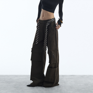 女冬设计感长裤 ourhour 休闲裤 旷野棕色中腰宽松工装 立体多口袋