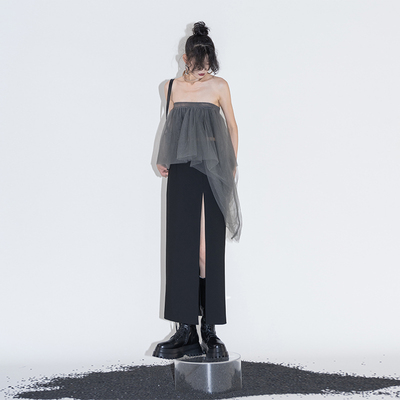 ourhour 不规则层层网纱 乌云灰色显瘦抹胸+开叉直身半身裙