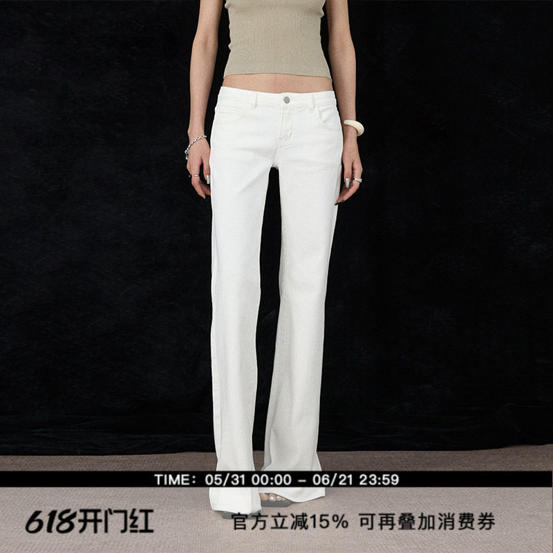 ourhour 后口袋刺绣 白色黑色中腰直筒微喇牛仔裤 女春设计感长裤