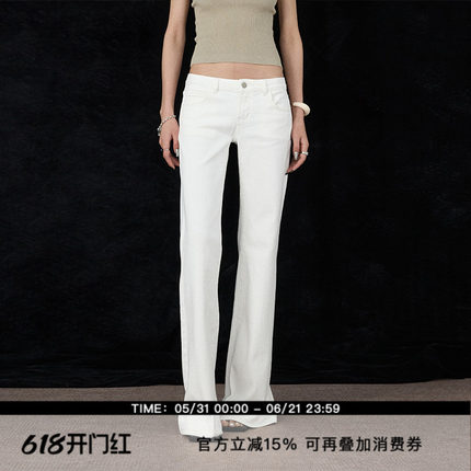 ourhour 后口袋刺绣 白色黑色中腰直筒微喇牛仔裤 女春设计感长裤