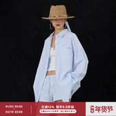 女春设计感廓形开衫 ourhour 宽松长袖 衬衫 口袋刺绣 蓝白条纹薄款