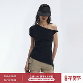设计感短袖 ourhour T恤 女夏季 斜边开衩下摆 黑色铆钉斜肩扭结袖