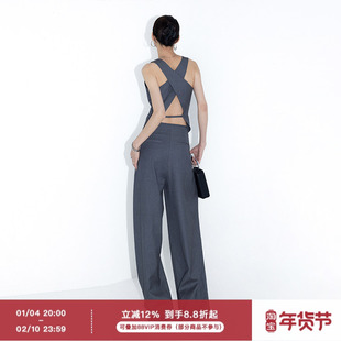 ourhour 交叉露背 深灰色V领西装马甲西裤套装 女夏设计感休闲装
