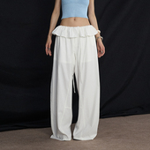 女夏设计感花苞裤 白色抽绳肌理面料阔腿弯刀裤 荷叶花边 ourhour