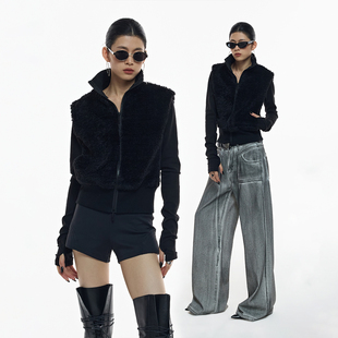ourhour 假两件拼接 黑色高领毛毛马甲拉链开衫 女春设计感外套