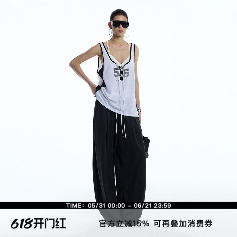 ourhour 黑白撞色大U领绑带数字印花56号球衣宽松运动背心女夏