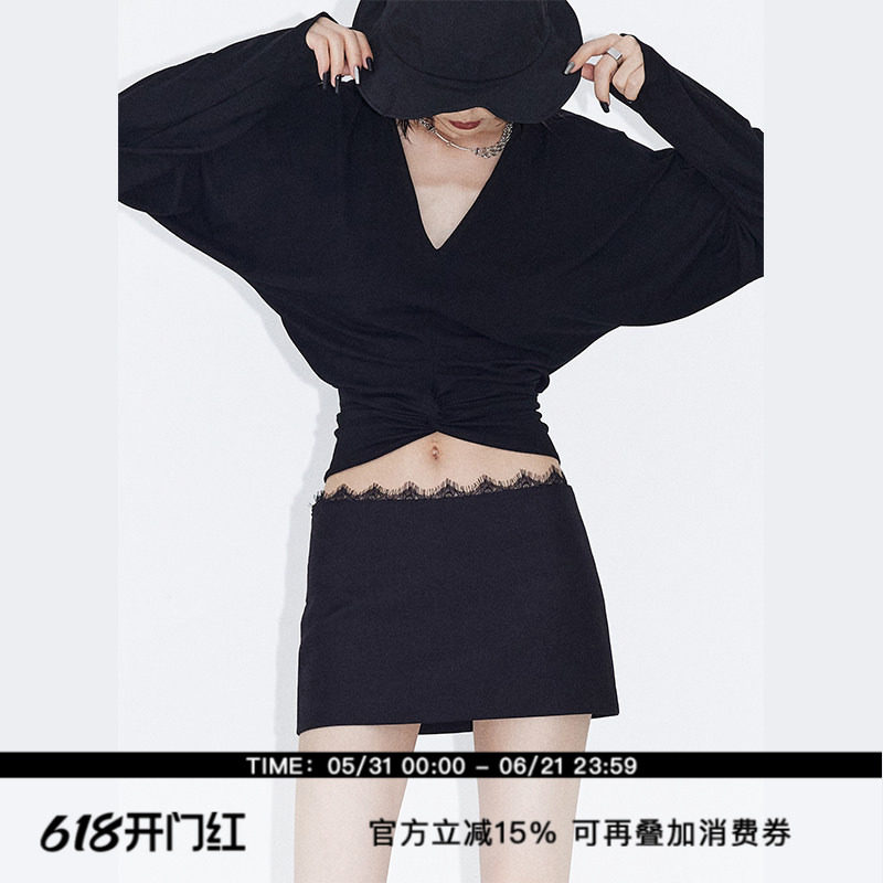 ourhour 睫毛蕾丝花边 黑色灰色低腰西装盆骨裙 女秋设计感短裙子