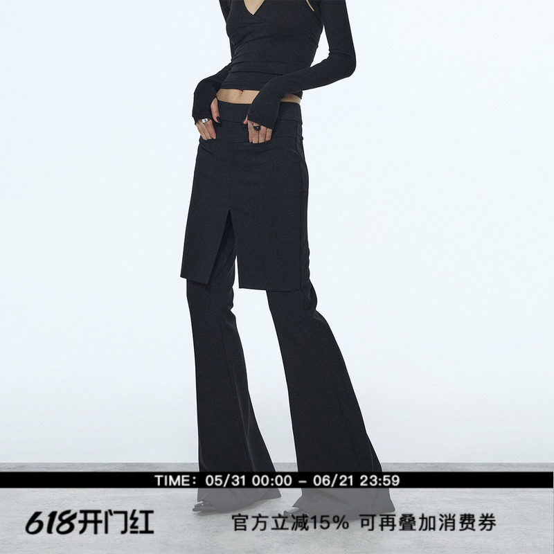 ourhour 假两件拼接 黑色开衩前裙片修身喇叭西裤 女冬设计感长裤