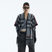 女冬设计感坎肩开衫 复古格纹撞色流苏斗篷披肩 羊毛混纺 ourhour