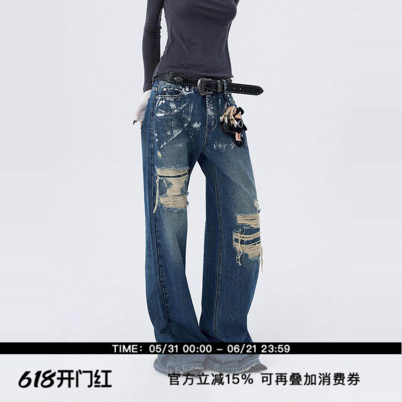 ourhour 手工烫银 复古蓝贴布破口阔腿银箔牛仔裤 女冬设计感长裤