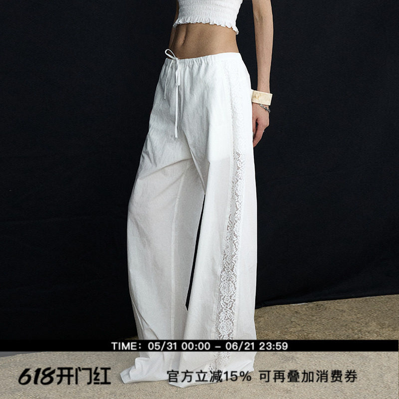 ourhour 拼接蕾丝 白色松紧腰抽绳两侧镂空阔腿裤 女夏设计感长裤