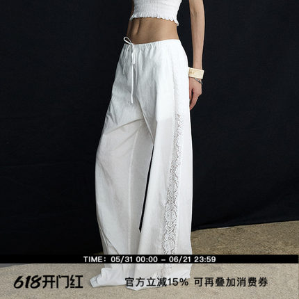 ourhour 拼接蕾丝 白色松紧腰抽绳两侧镂空阔腿裤 女夏设计感长裤